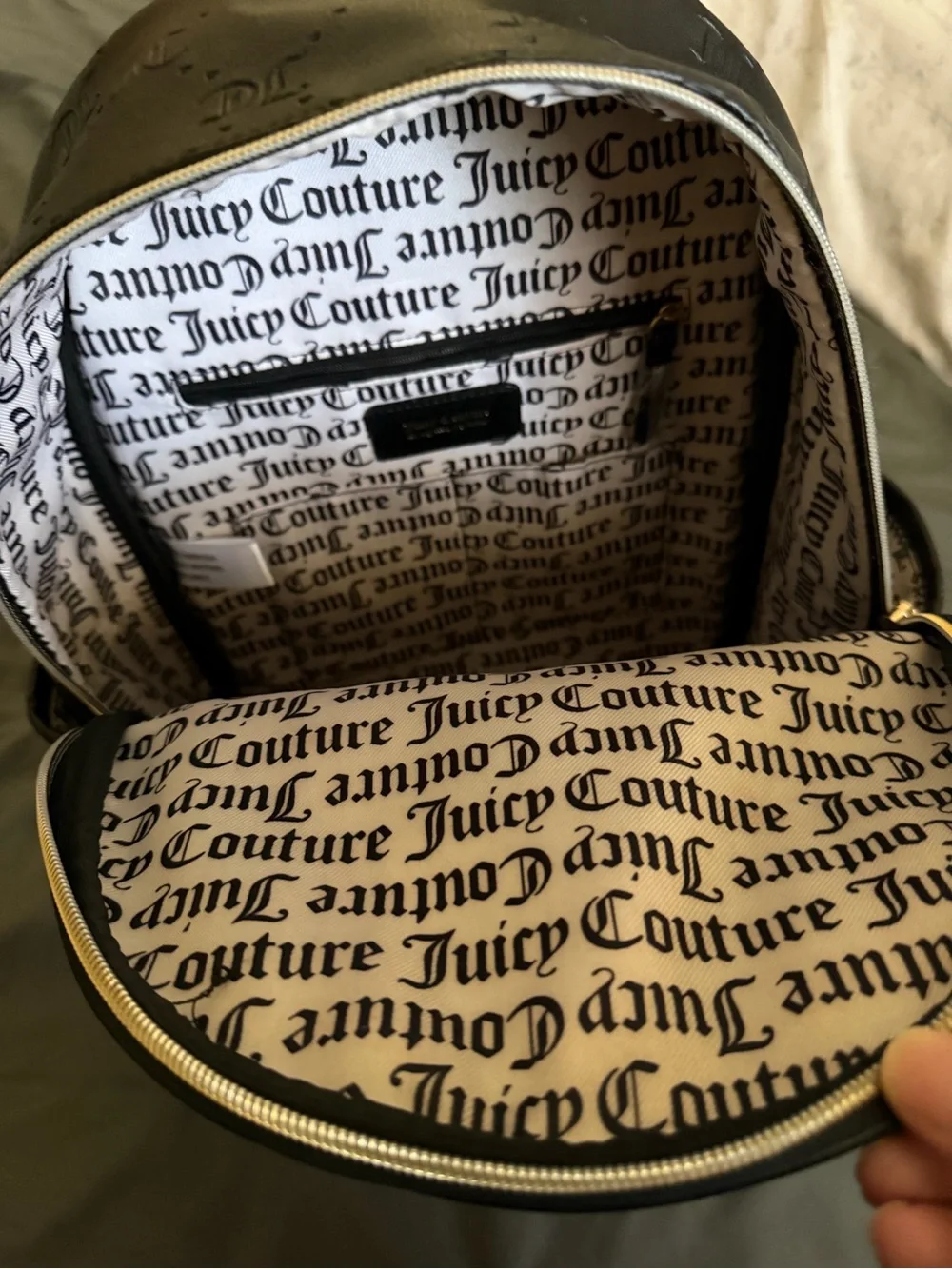Juicy Couture Black Embossed Logo Backpack with Gold Hardware